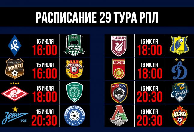 Футбол России. Расписание 29 -го тура РПЛ 2019/2020