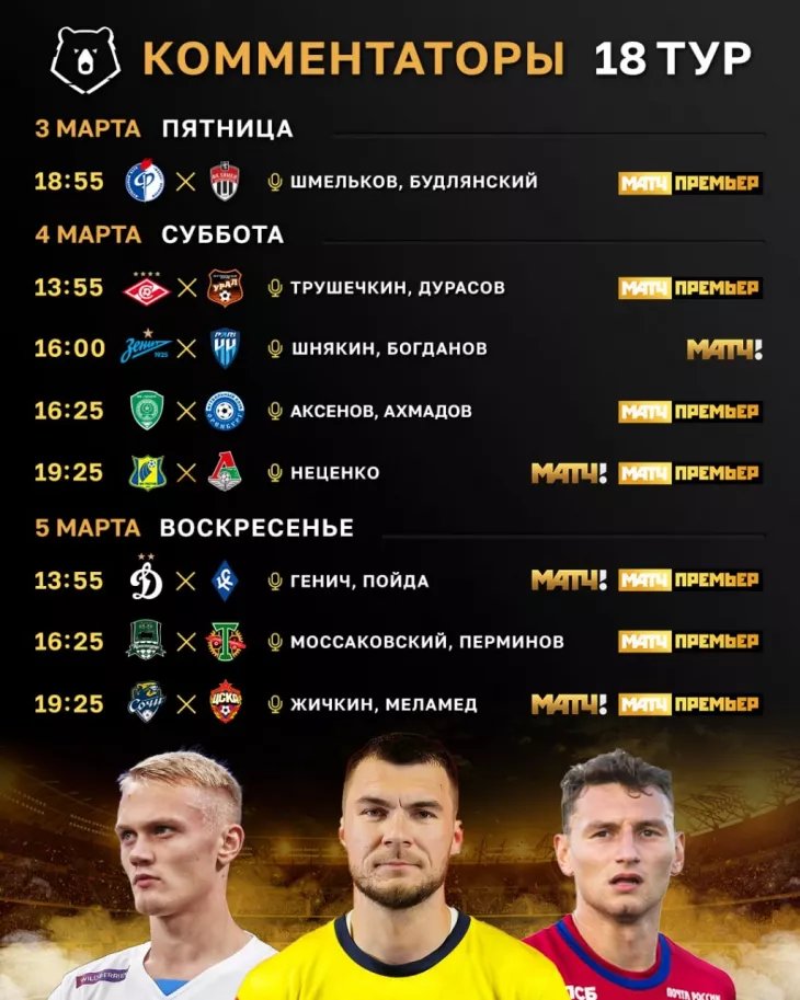 Футбол России. Расписание 18 -го тура РПЛ 2022/2023